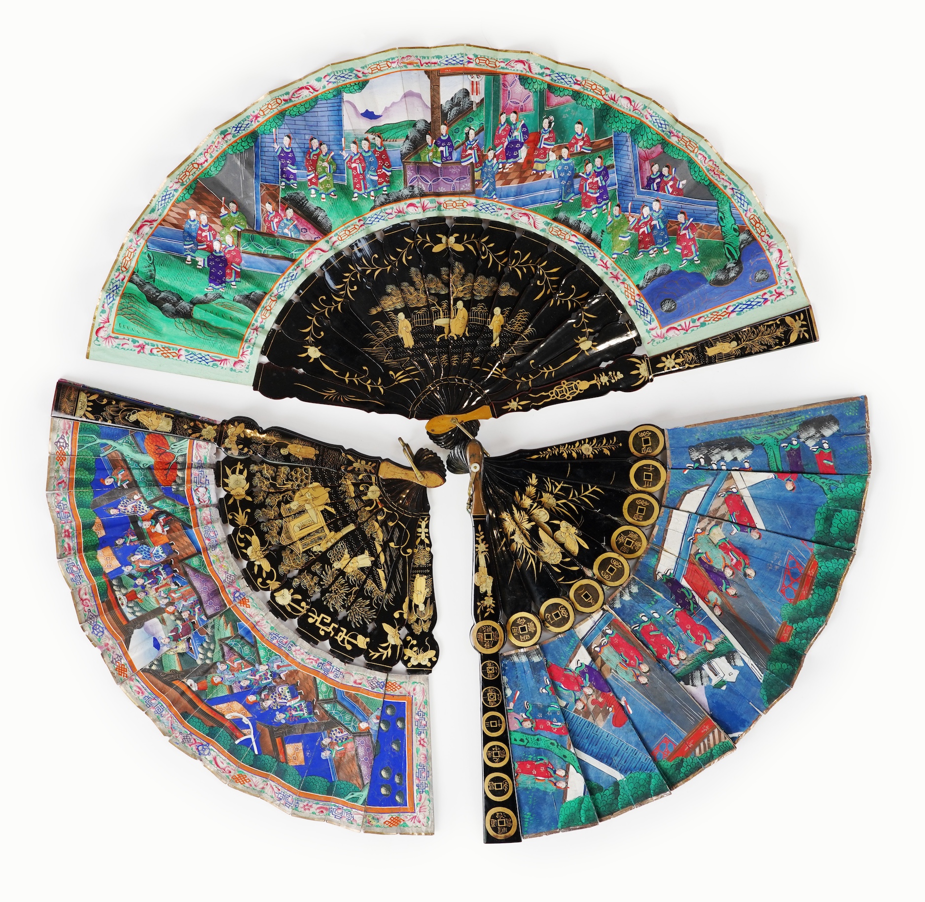 Three Chinese gilt-decorated black lacquer and painted leaf fans, 19th century